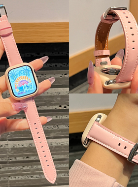 适用苹果手表表带iwatch s11亮面皮质s10新款女series10超显白腕表AppleWatchS9男女款s876高级感JY秋冬季se3