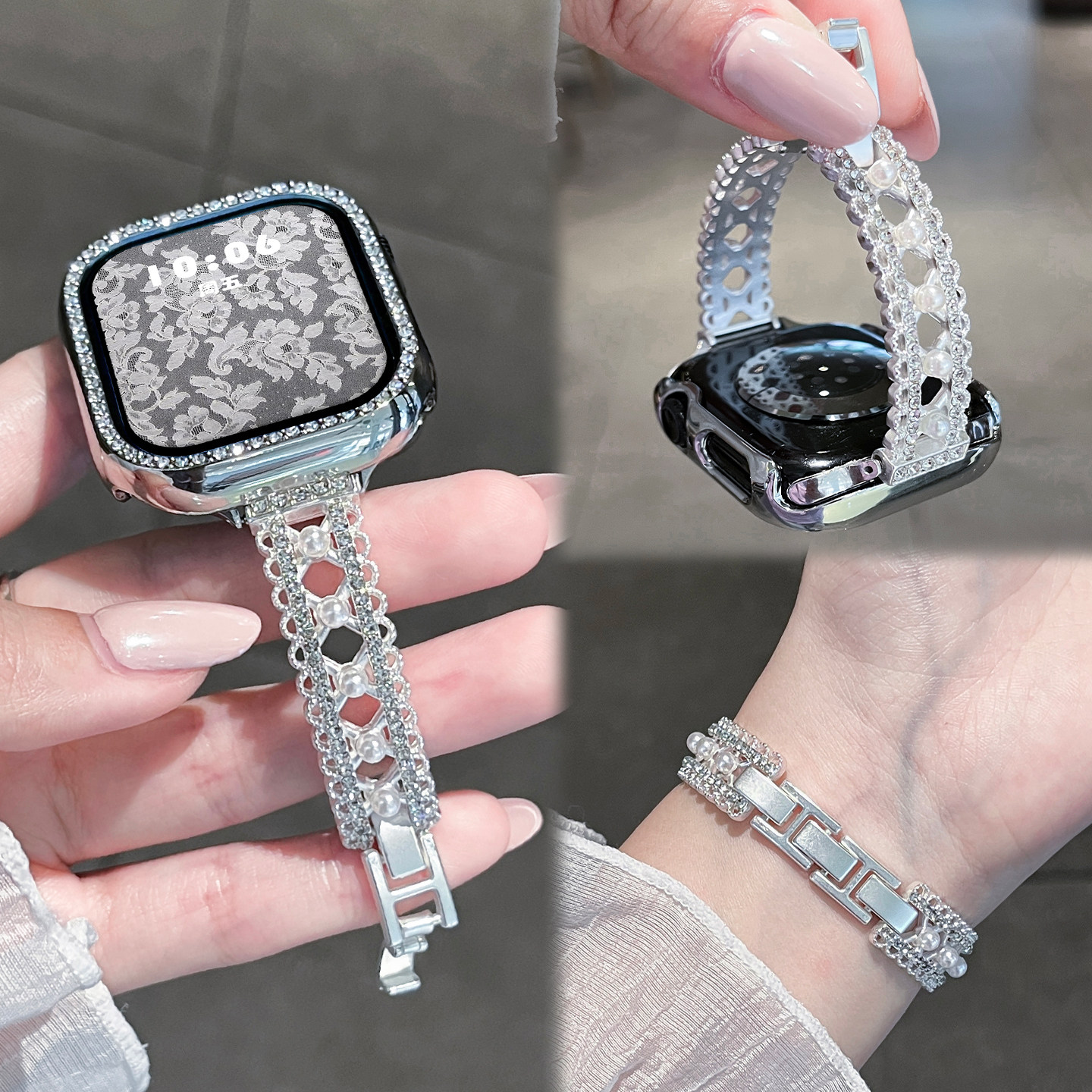 适用苹果手表iwatch表带s11金属S10女款新品手链智能s9蕾丝珍珠手镯腕表applewatch高级感JY夏天男S8设计感SE