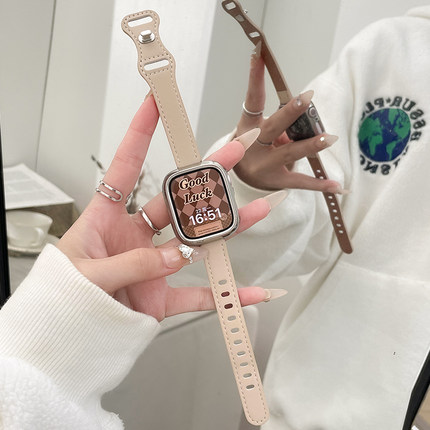 适用iwatch苹果手表S10表带s9真皮applewatch8手表带女款s8高级S7创意小众女士皮质新款41/45mm智能秋冬腕带