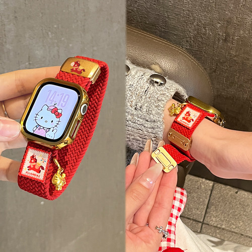 适用于iwatch苹果手表表带s10新年红s11马年se高级s9秋冬季s8男女款series尼龙ultra3编织JY磁吸运动智能腕带