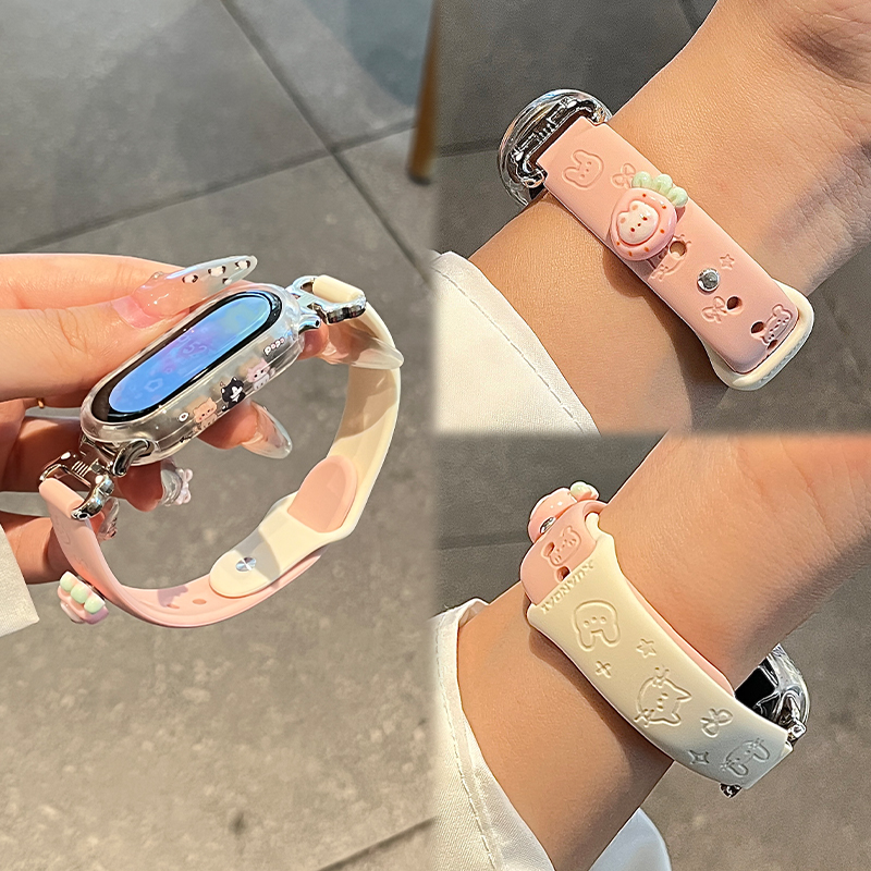 适用小米手环10表带小米9手表新款猫咪兔硅胶反扣xiaomi8女生夏季高级7nfc保护套壳6/5创意透气XL智能运动
