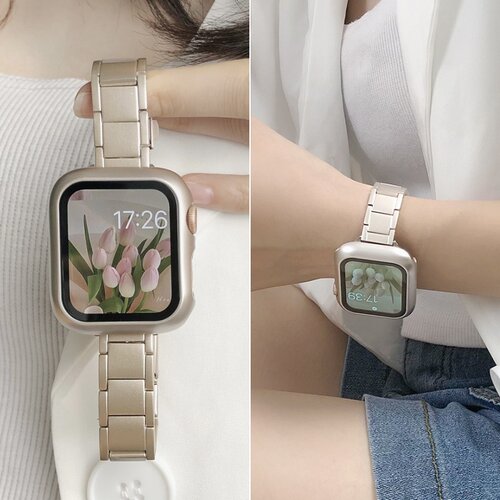 适用applewatch10苹果手表s12表带iwatch新款S9金属s8不锈钢watchse智能S7女41/45mm夏高级感s6小众时尚腕带