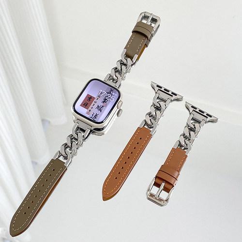 适用iwatch9手表S8苹果applewatch10表带s7新款ultra金属不锈钢SE真皮质watchs6女生9小众8高级感7夏表链腕带