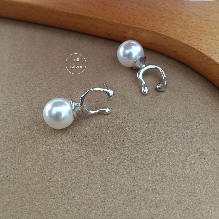 【all silver】韩国通体925纯银珍珠耳环日系百搭ji简防过敏耳钉
