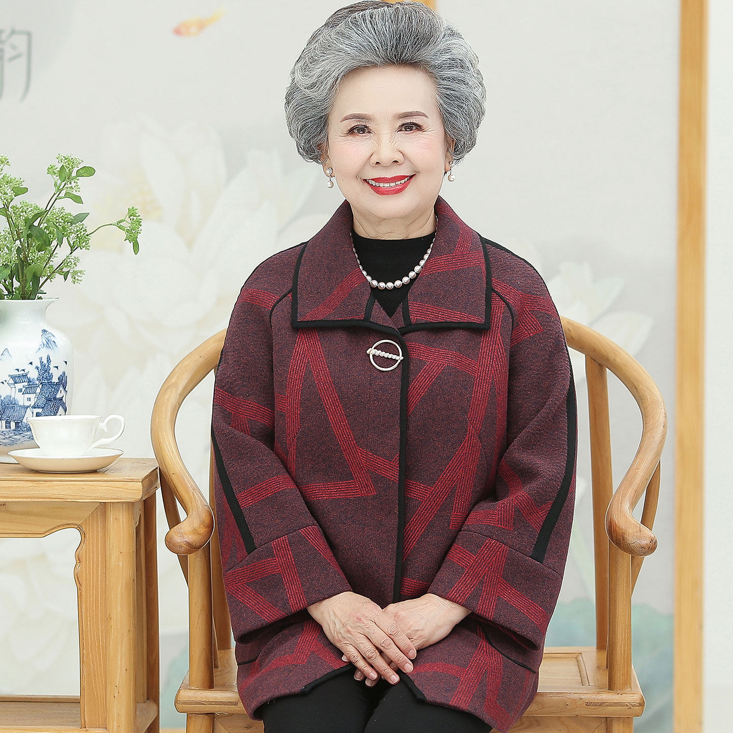 奶奶春秋加厚毛呢洋气外套