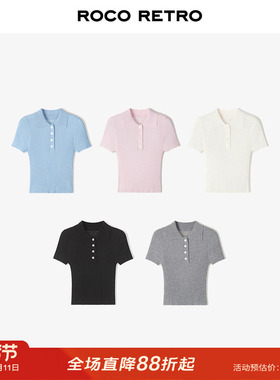 ROCO秋季新款 超细羊毛学院风翻领坑条短袖针织衫薄款POLO领上衣
