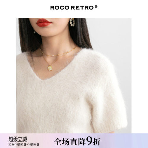 羊驼毛v领宽松中袖针织衫上衣