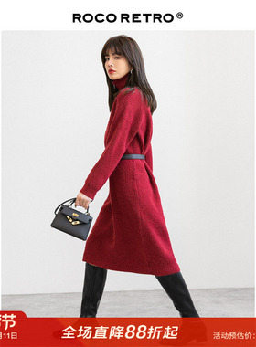 【清仓特价】红色高领针织裙女连衣裙拉链设计感中长款打底毛衣裙