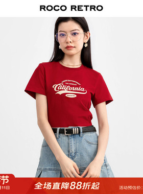 ROCO美式复古California字母印花正肩短袖t恤女夏bm风红色短上衣