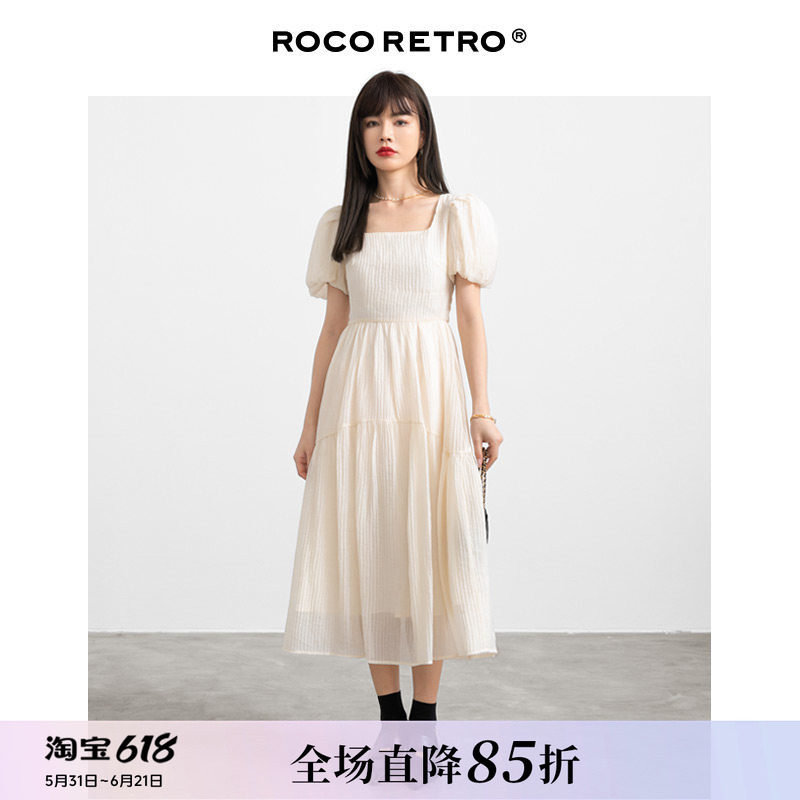 ROCO法式白色肌理感方领连衣裙
