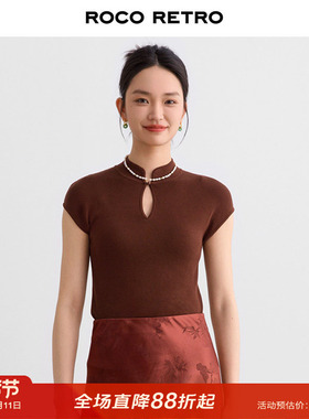 ROCO新中式国风系列 秋季新款旗袍领一粒扣莱赛尔天丝短袖针织衫