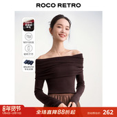 ROCO春季 露肩针织衫 新款 16针120支精纺纯羊毛扬子纱一字领长袖