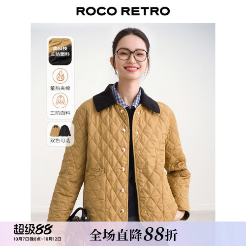 时髦知识分子ROCO秋冬对格工艺 复古菱格纹绗缝翻领夹棉外套棉服