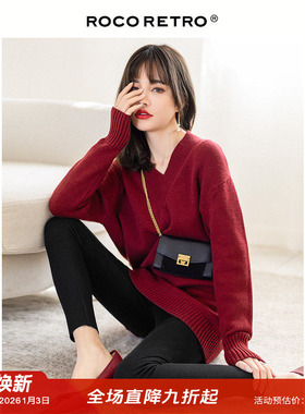 【清仓特价】显白车厘子红色V领毛衣女宽松慵懒风中长款套头上衣