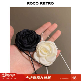 ROCO新款 时髦皮绳立体花朵山茶花项链chocker项圈锁骨颈链