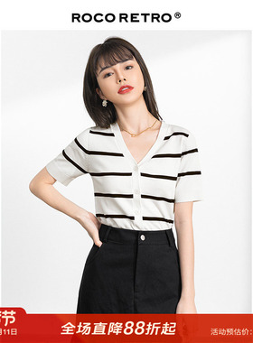 【清仓特价】黑科技冰爽黑白条纹针织衫开衫女短袖秋季季V领上衣