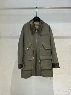 复古工装 氲塑无阈 皮领军绿色羽绒风衣外套可拆卸内胆 FAE