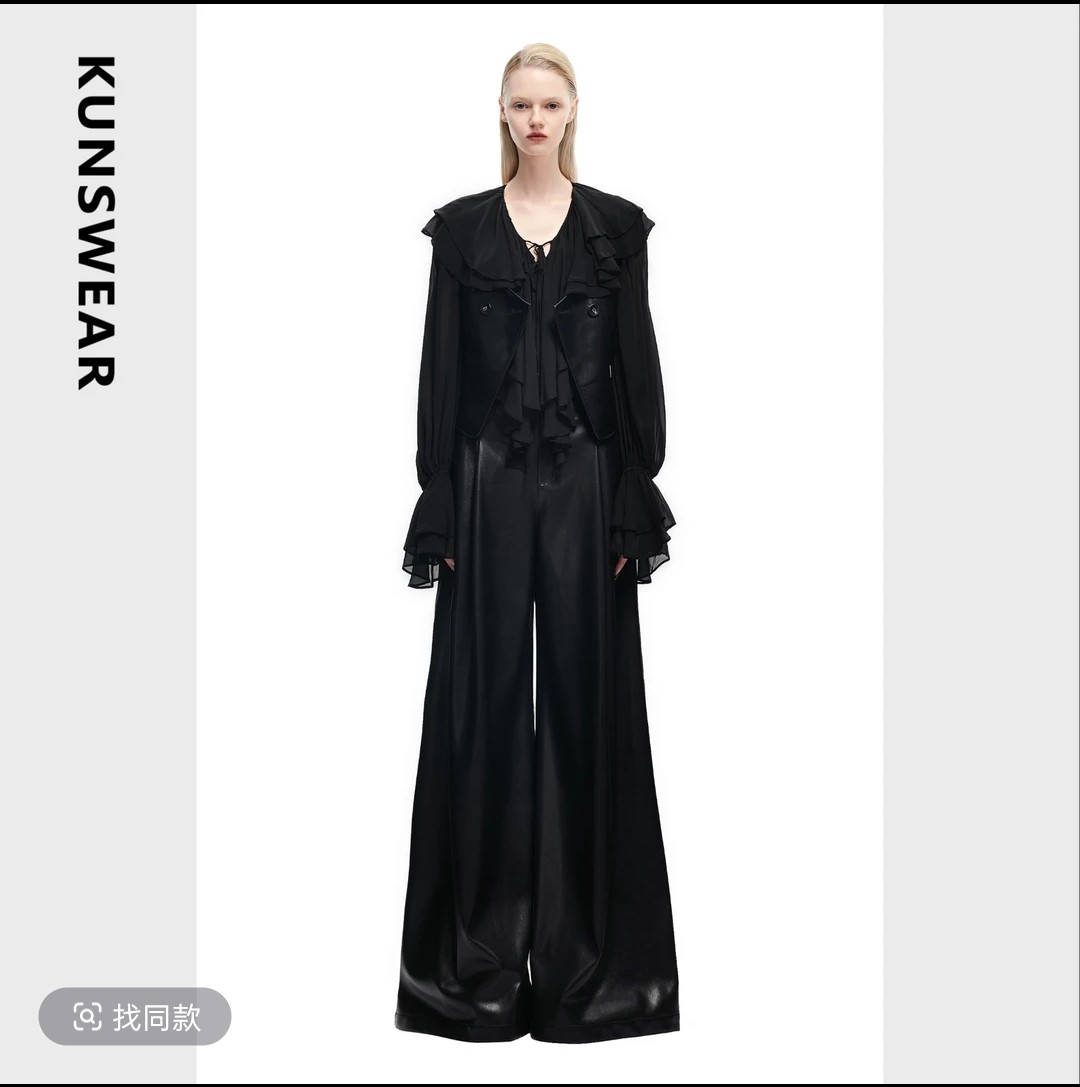 KUNSWEAR/琨丝薇尔25FA 双腰时尚干练气质高腰阔腿皮裤 836005180