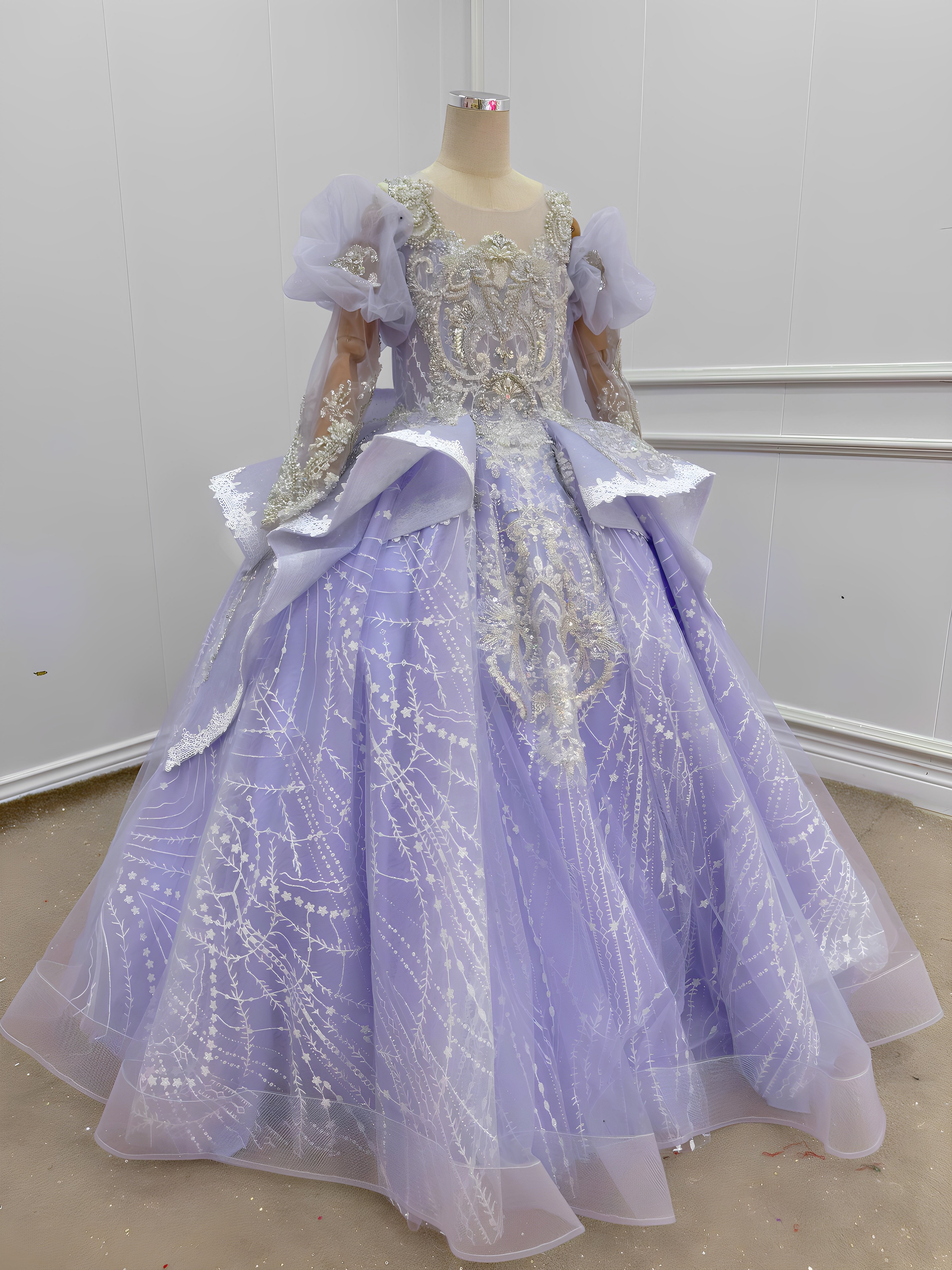 出租高端重工大童紫色长袖可拆卸女童礼服走秀主持钢琴演出生日