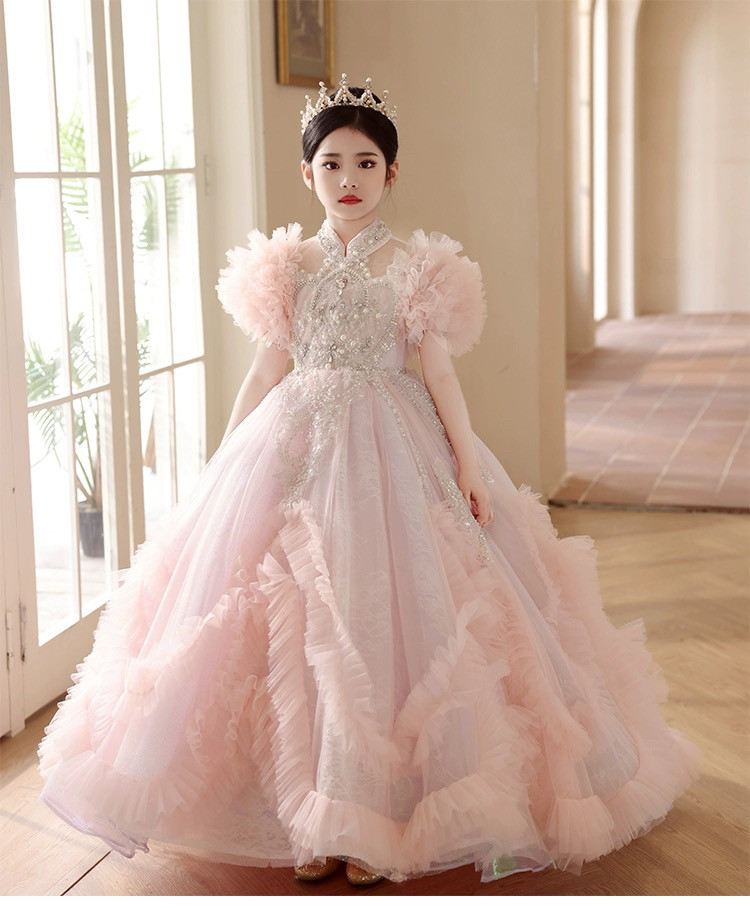 出租粉色高端拖尾女童礼服生日钢琴演出主持模特走秀公主蓬蓬裙