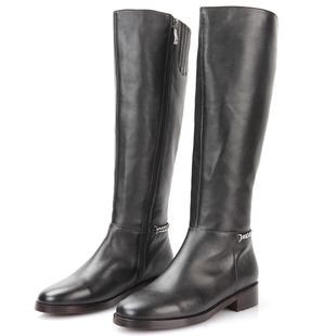 24秋冬真皮骑士靴马靴中跟高跟女靴侧拉链秀气链条时尚女靴