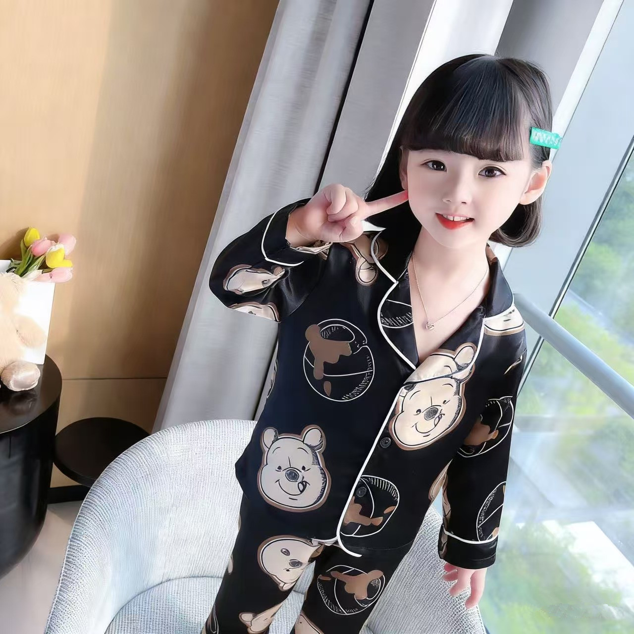 女童睡衣夏季冰丝长袖薄款儿童套装空调服春秋装中大童女孩家居服