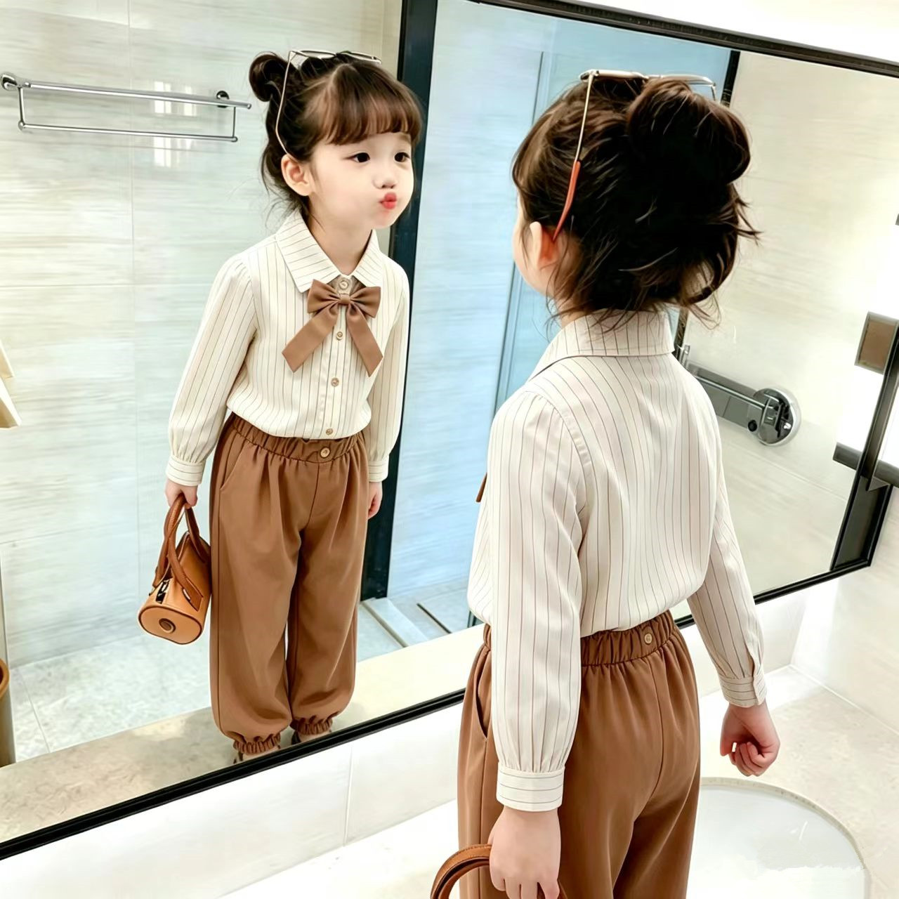 韩版女童春秋学院风衬衫两件套