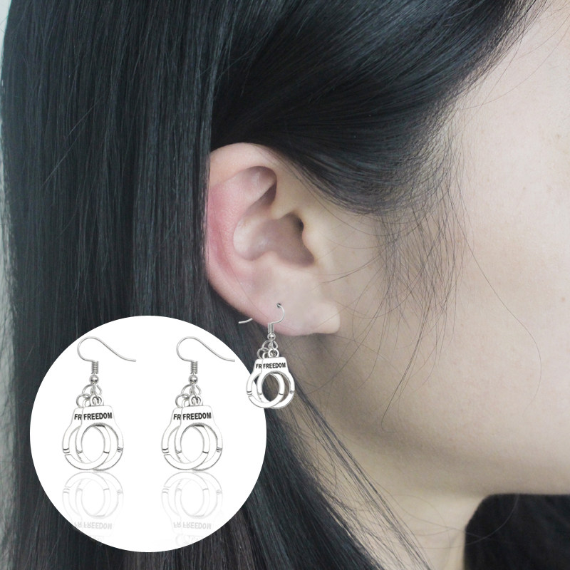 仿古银手铐耳环925银勾港风朋克复古夸张趣味搞怪个性耳坠女简约