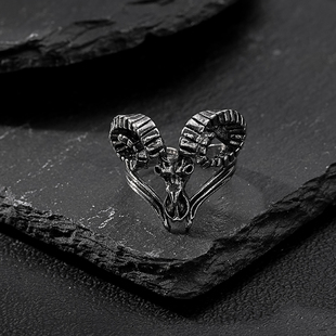 个性复古羊头戒指欧美生肖朋克风指环合金开口可调节潮男炫酷配饰