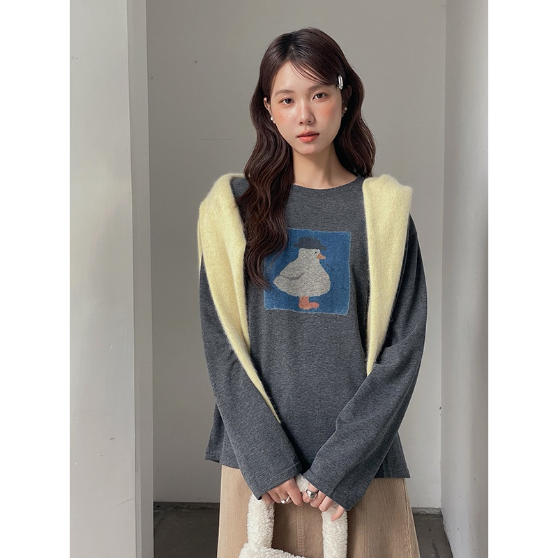 【呆萌鸭鸭】韩系卡通印花磨毛t恤女装冬季打底长袖上衣w752c