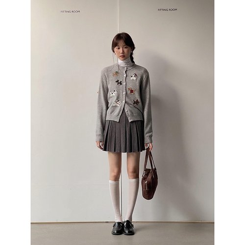 【】复古卡通小狗羊毛针织开衫女秋季新款圆领长袖毛衣n244b