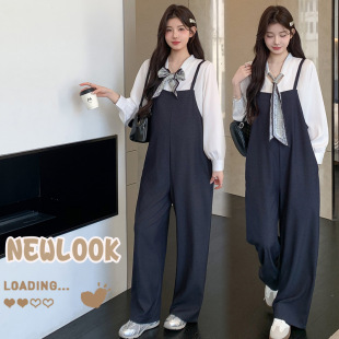 高品质秋季 显瘦气质孕妇套装 新款 丝巾衬衫 潮 牛仔背带裤 网红同款