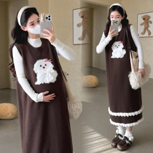 显瘦孕妇套装 2025秋冬新款 打底衫 马甲裙 雪球下摆提花卡通中长款