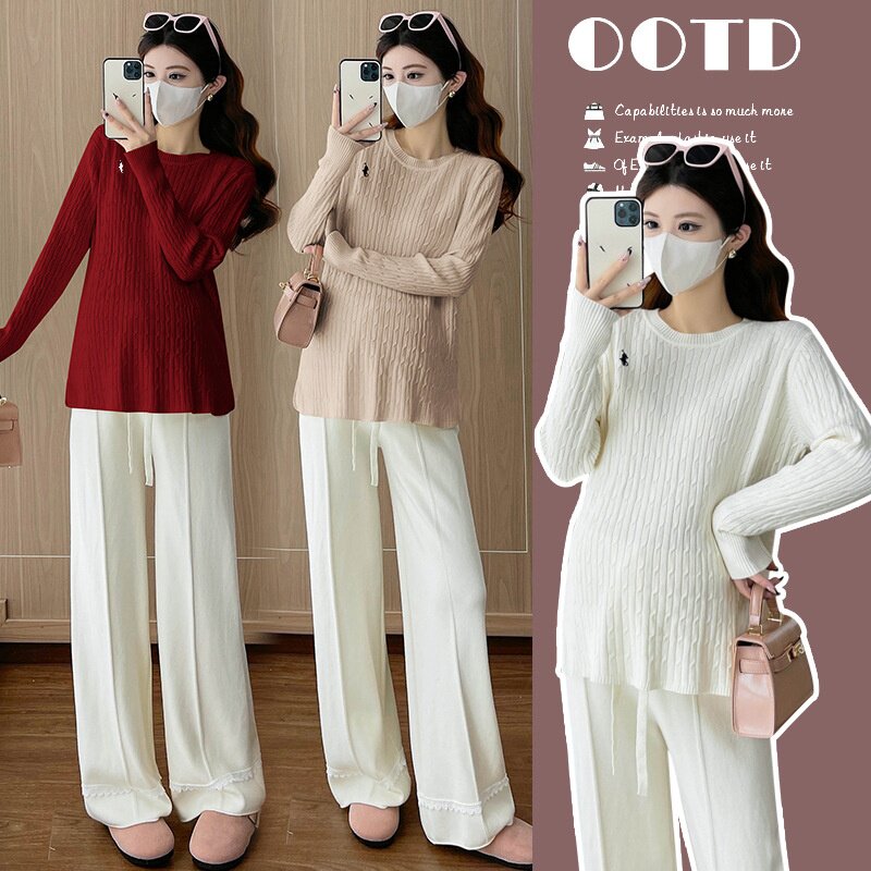 孕妇毛衣2025新款秋冬加厚保暖圆领孕妇百搭打底衫阔腿裤孕妇套装