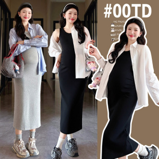 中长款 春秋款 纯色衬衫 休闲宽松外穿长袖 背心裙2025 孕妇套装