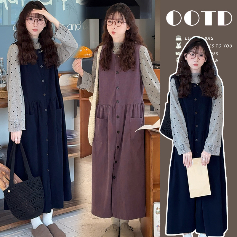 大货 孕妇秋冬韩系宽松灯芯绒单排扣背心裙+爱心花边半高领打底