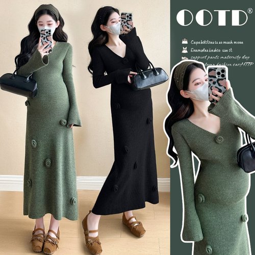 孕妇装2026秋冬韩版时尚潮妈长袖针织裙子法式复感大码连衣裙