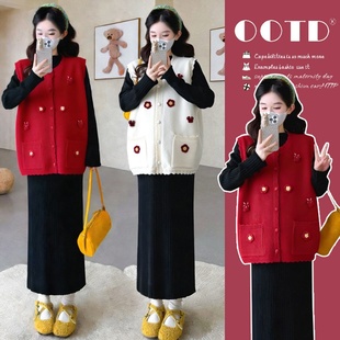 2026秋冬新款 打底裙套装 韩版 新年重工钩花拼接马甲长袖 时尚 孕妇装