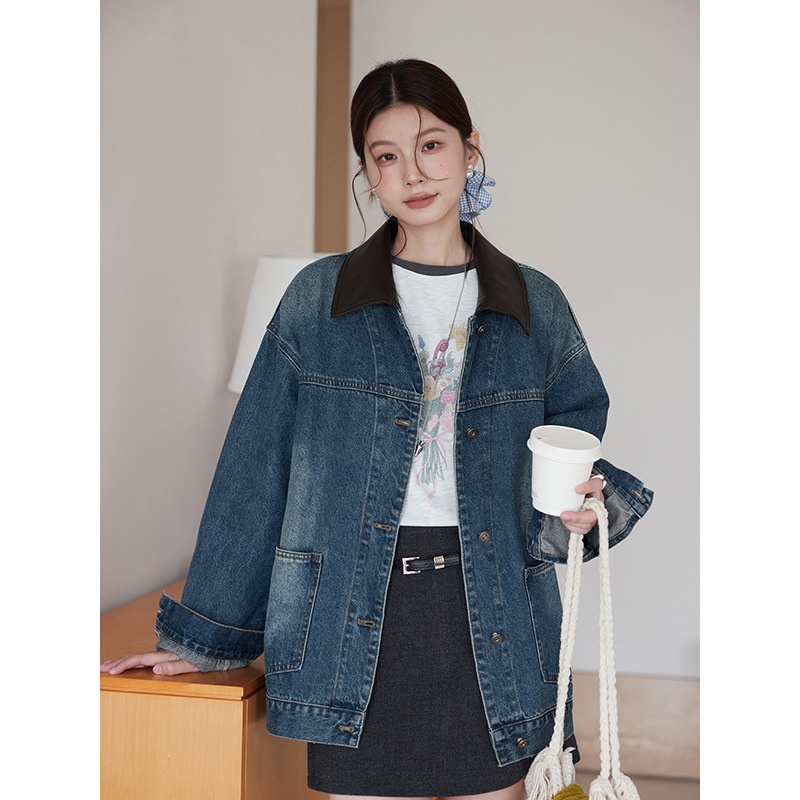 【松仁与金酒 丹宁拼接牛仔】复古皮领拼接牛仔外套女秋n667c