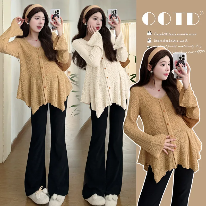 实拍 孕妇装V领长袖针织衫时尚穿搭不规则喇叭袖收腰显瘦孕妇上衣