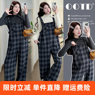有货孕妇套装秋冬装宽松加绒加厚2025新款孕妇格子背带裤孕妇套装