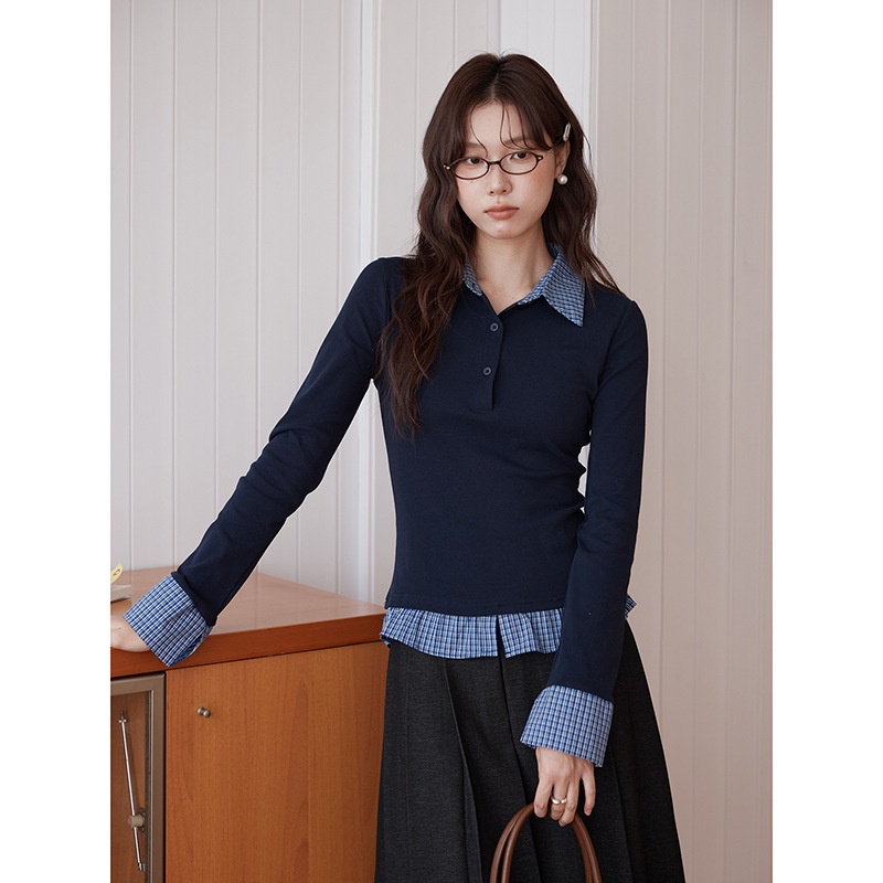 【miu伯德小姐】设计感格子拼接翻领卫衣女秋季新款上衣w640c