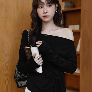 流星倾落 长袖 不规则绑带收腰t恤女装 新款 上衣n585c 秋季