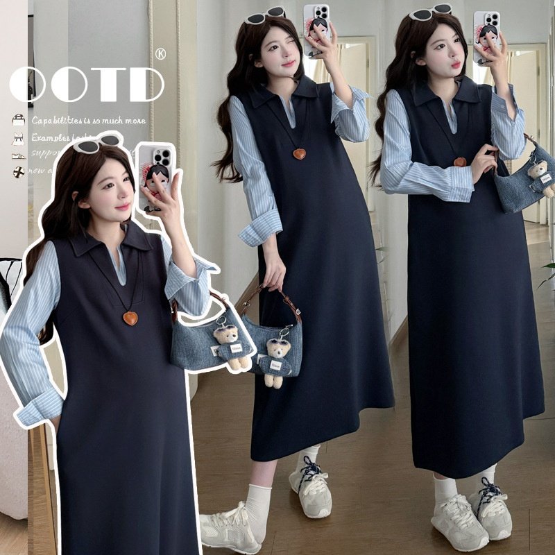 孕妇连衣裙秋冬2025新款法式加厚假两件拼接卫衣长裙秋季孕妇裙子