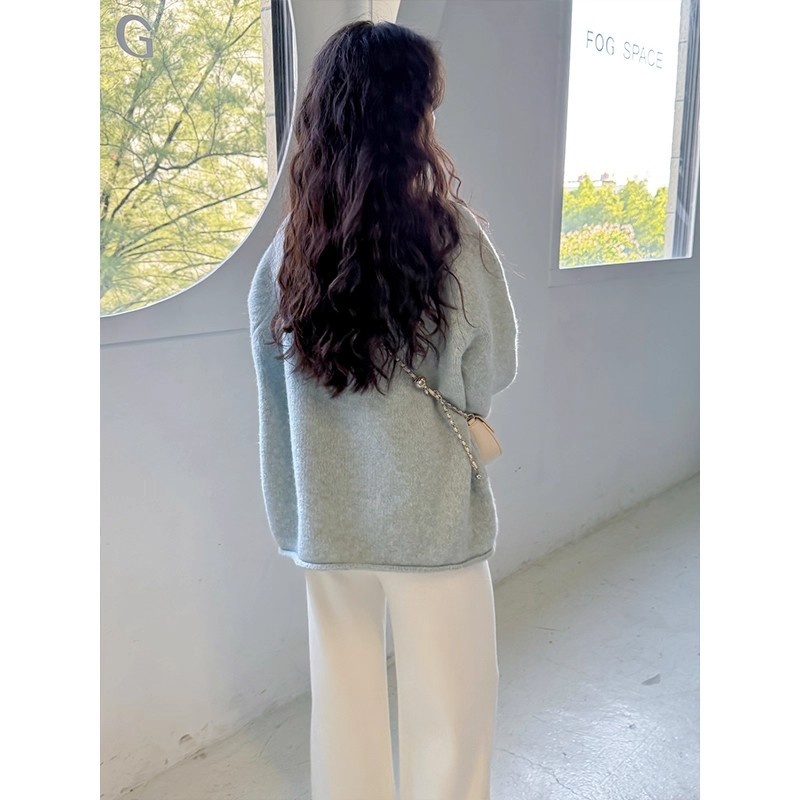 孕妇装蓝色韩系复古卷边圆领套头毛衣秋冬宽松慵懒风设计感针织衫