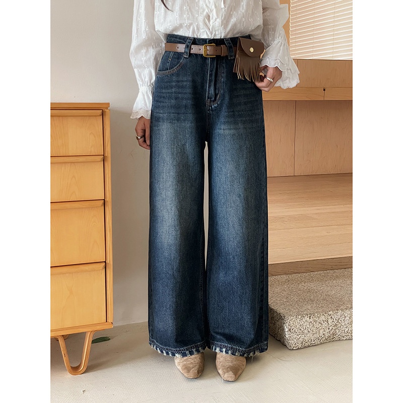 【西部漫游 流苏腰包】秋季新款复古磨边直筒牛仔裤女装n555c