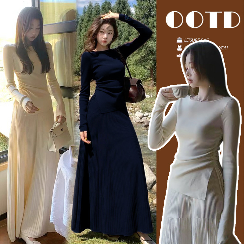 爆款韩版孕妇装加厚孕妇两件套抽绳上衣+百折半身裙套装