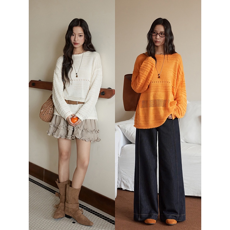 【】设计感镂空提花圆领套头针织衫女秋季羊毛长袖毛衣j536c