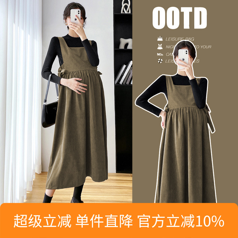 孕妇装2025秋冬新款背带裙两件套装韩版孕期宽松灯芯绒连衣裙