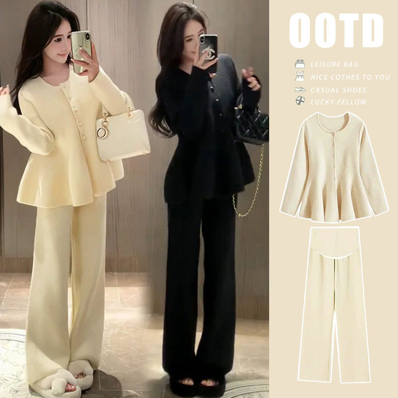 现货孕妇装新款流行高级感毛衣针织+加绒加厚绵羊绒阔腿裤两件套